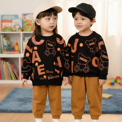 New Black Bear Printed  Sweatshirt Set