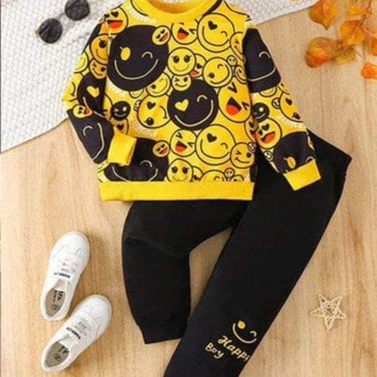YELLOW HAPPY PIRNTED KIDS WINTER TRACKSUIT