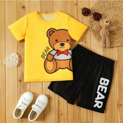 Kids Half Sleeves Short Yellow Black Bear Print