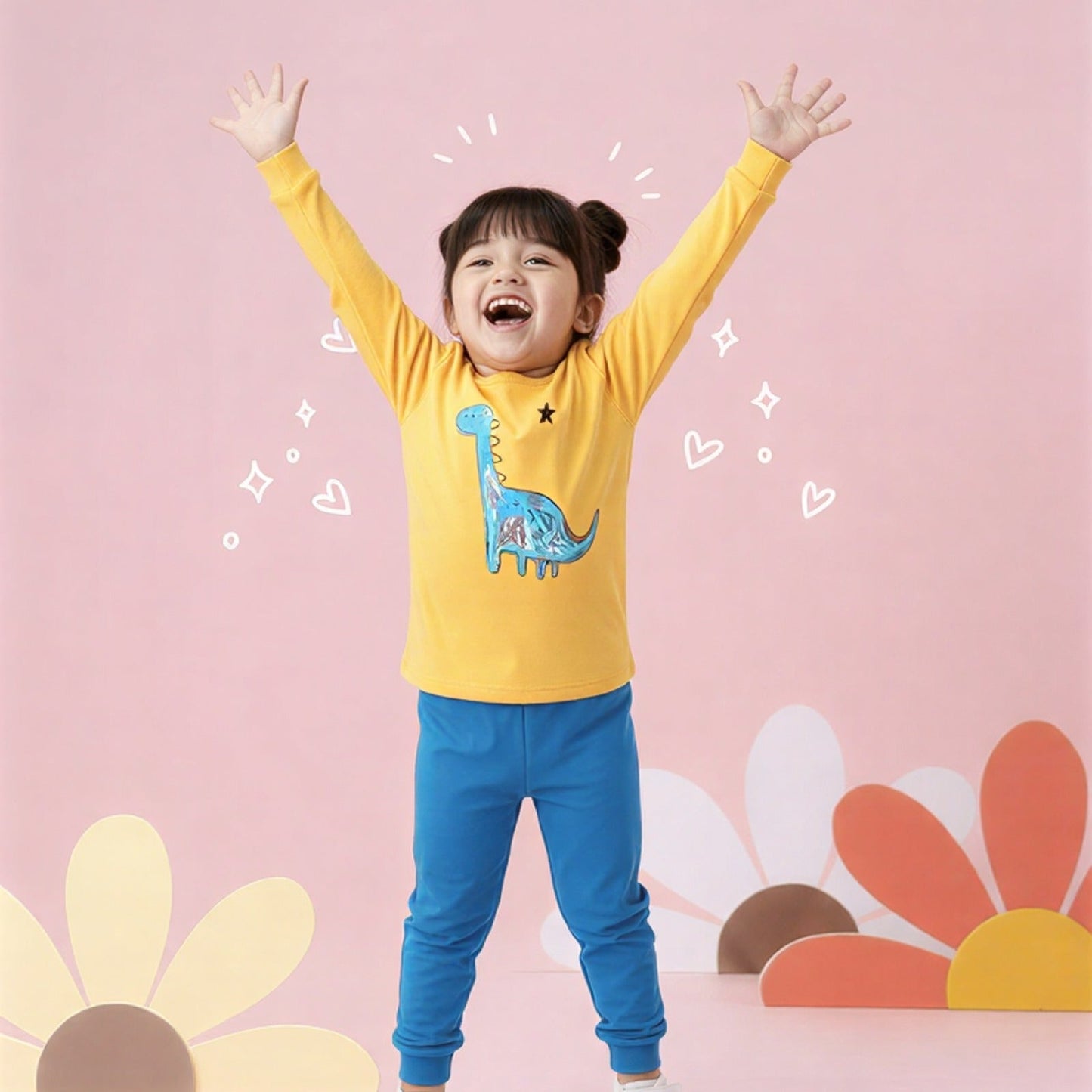 Yellow Blue Dino Printed Kids Wear