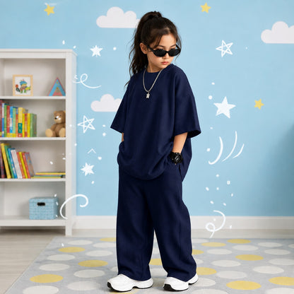 Kids Premium Oversized Streetwear Set – Solid Navy Blue 2-Piece Cotton Co-ord with Wide-Leg Trousers and Drop-Shoulder Tee