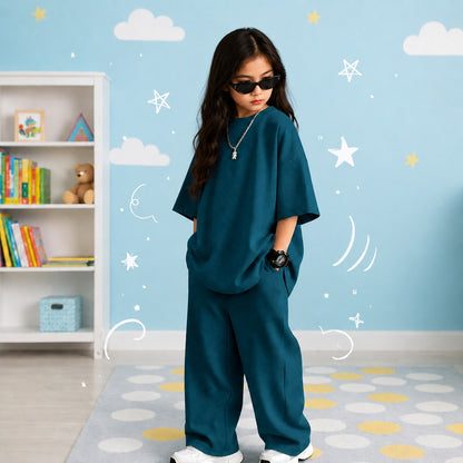 Kids Premium Oversized Streetwear Set – Solid Teal Blue 2-Piece Cotton Co-ord with Wide-Leg Trousers and Drop-Shoulder Tee