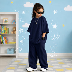 Kids Premium Oversized Streetwear Set – Solid Navy Blue 2-Piece Cotton Co-ord with Wide-Leg Trousers and Drop-Shoulder Tee