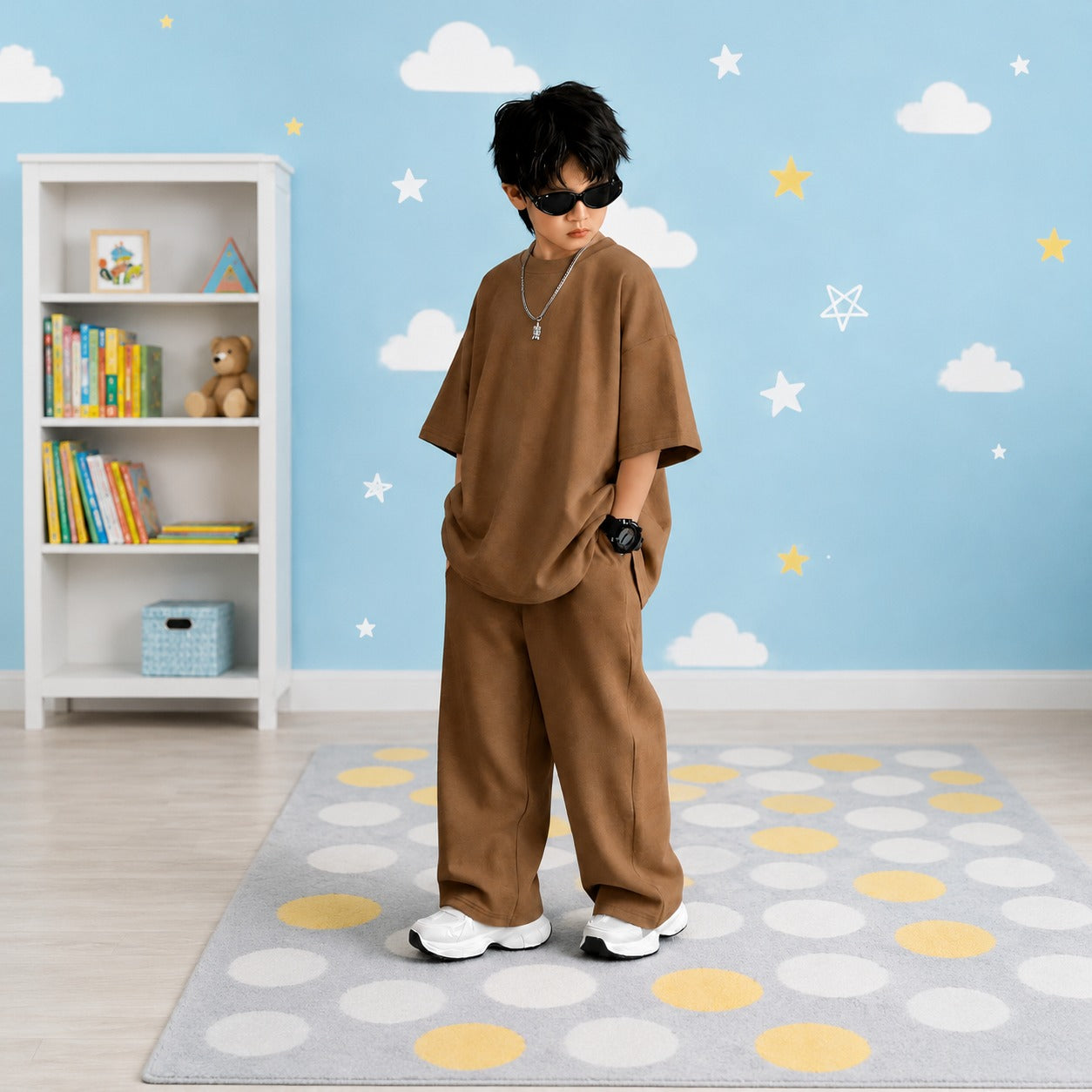 Kids Premium Oversized Streetwear Set – Solid Earthy Brown 2-Piece Cotton Co-ord with Wide-Leg Trousers and Drop-Shoulder Tee