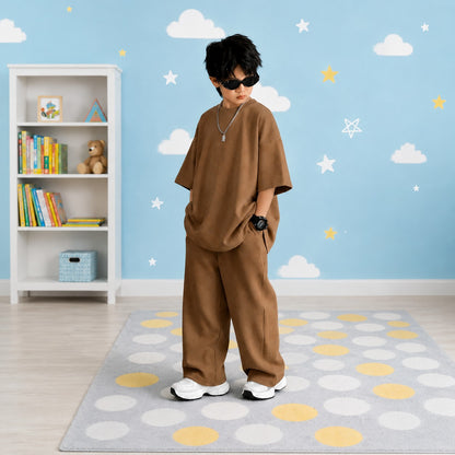 Kids Premium Oversized Streetwear Set – Solid Earthy Brown 2-Piece Cotton Co-ord with Wide-Leg Trousers and Drop-Shoulder Tee