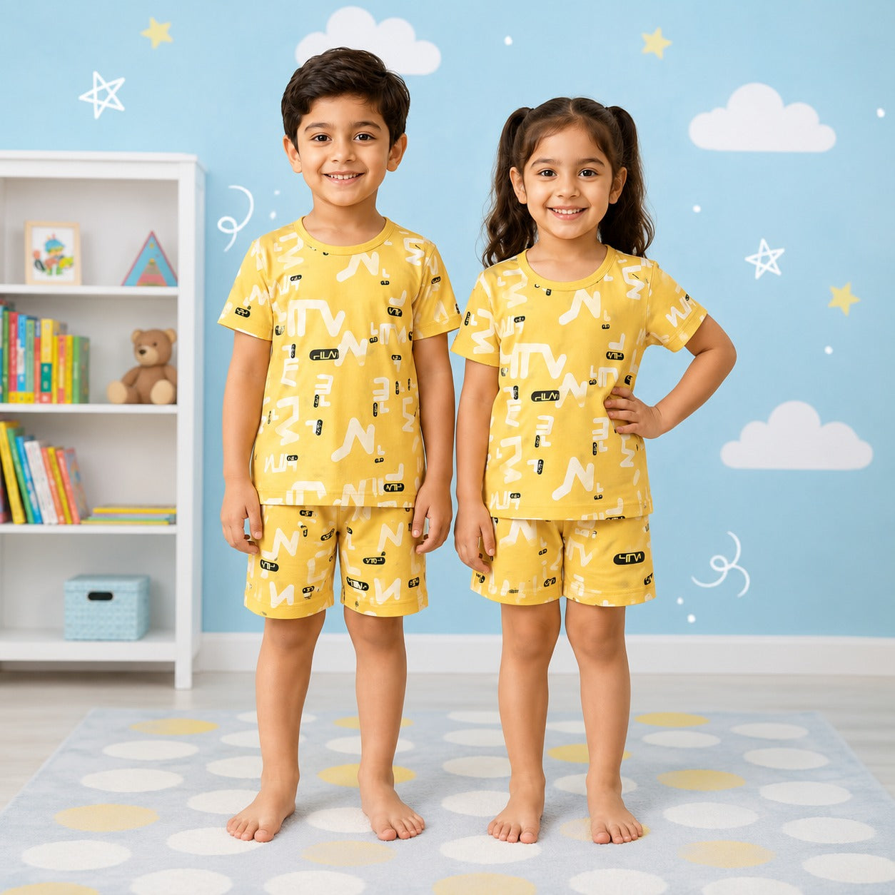 Unisex Kids Premium Cotton Summer Shorts Set – Vibrant Yellow Abstract Letter Print Matching 2-Piece Loungewear