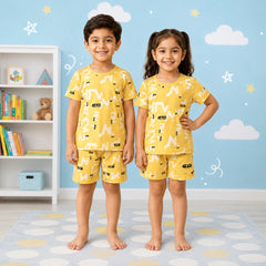 Unisex Kids Premium Cotton Summer Shorts Set – Vibrant Yellow Abstract Letter Print Matching 2-Piece Loungewear