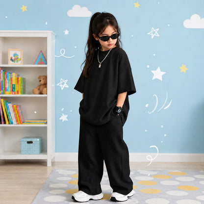 Premium Kids’ Oversized Streetwear Co-ord Set – All-Black Urban Drop-Shoulder Tee & Wide-Leg Trouser Set