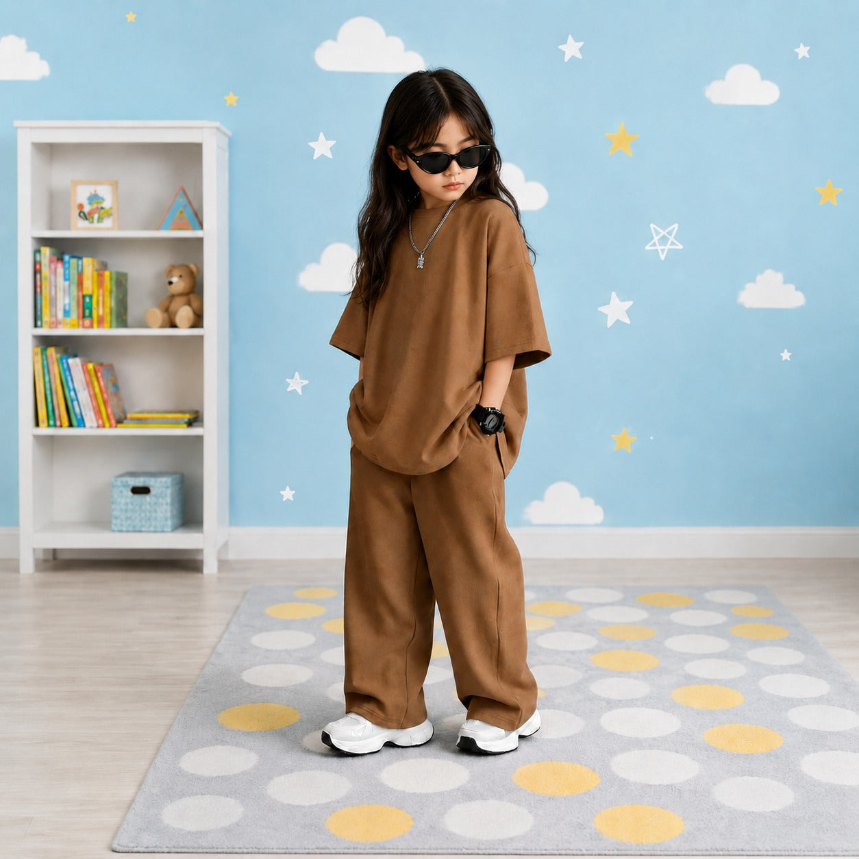 Kids Premium Oversized Streetwear Set – Solid Earthy Brown 2-Piece Cotton Co-ord with Wide-Leg Trousers and Drop-Shoulder Tee