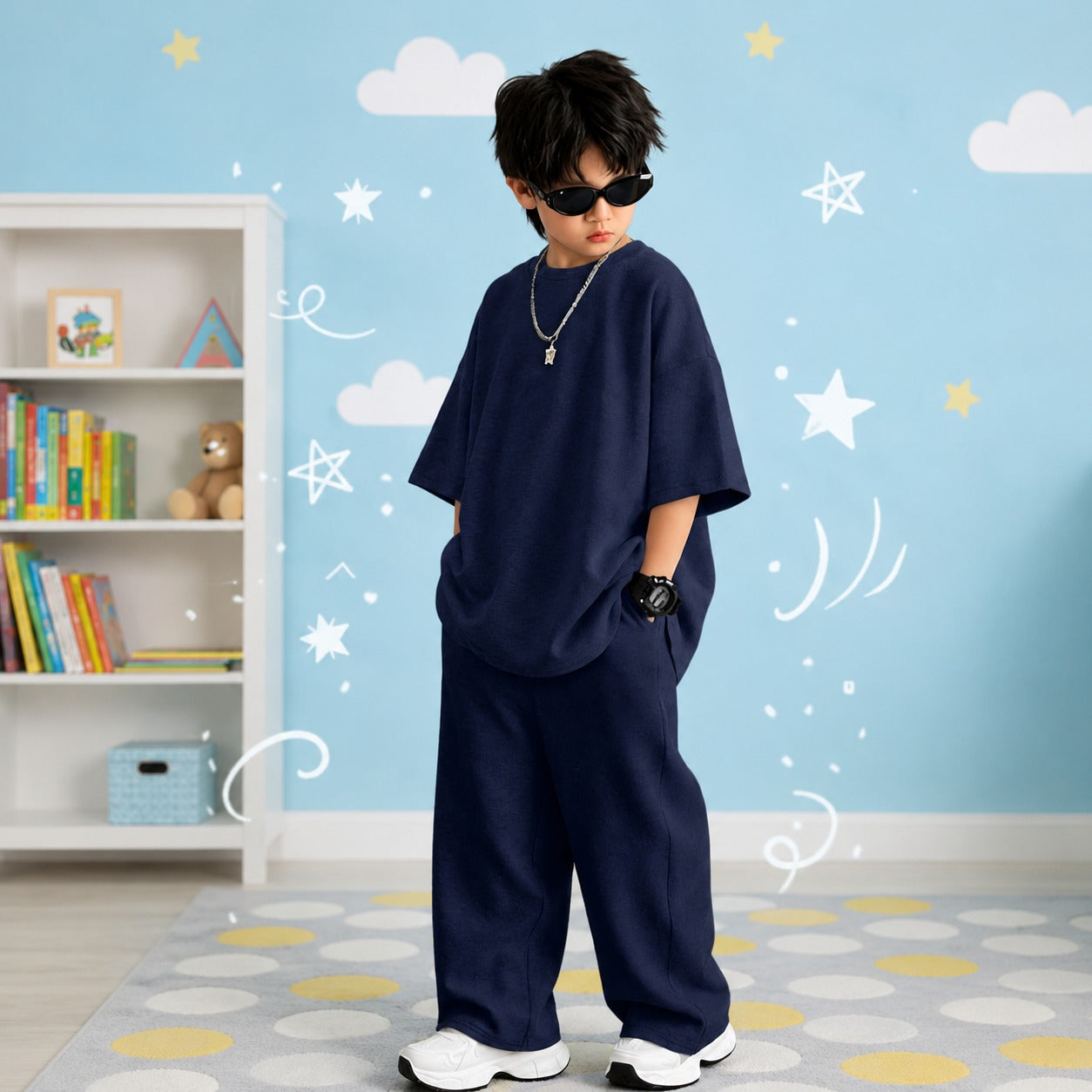 Kids Premium Oversized Streetwear Set – Solid Navy Blue 2-Piece Cotton Co-ord with Wide-Leg Trousers and Drop-Shoulder Tee