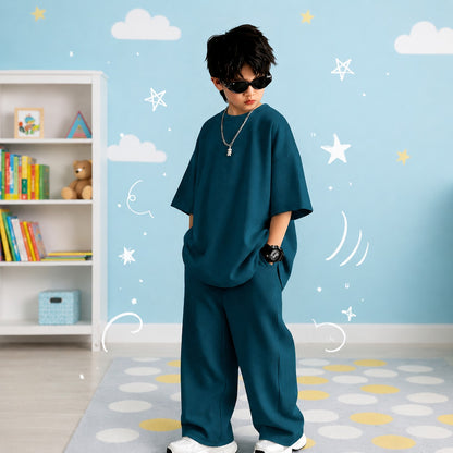 Kids Premium Oversized Streetwear Set – Solid Teal Blue 2-Piece Cotton Co-ord with Wide-Leg Trousers and Drop-Shoulder Tee