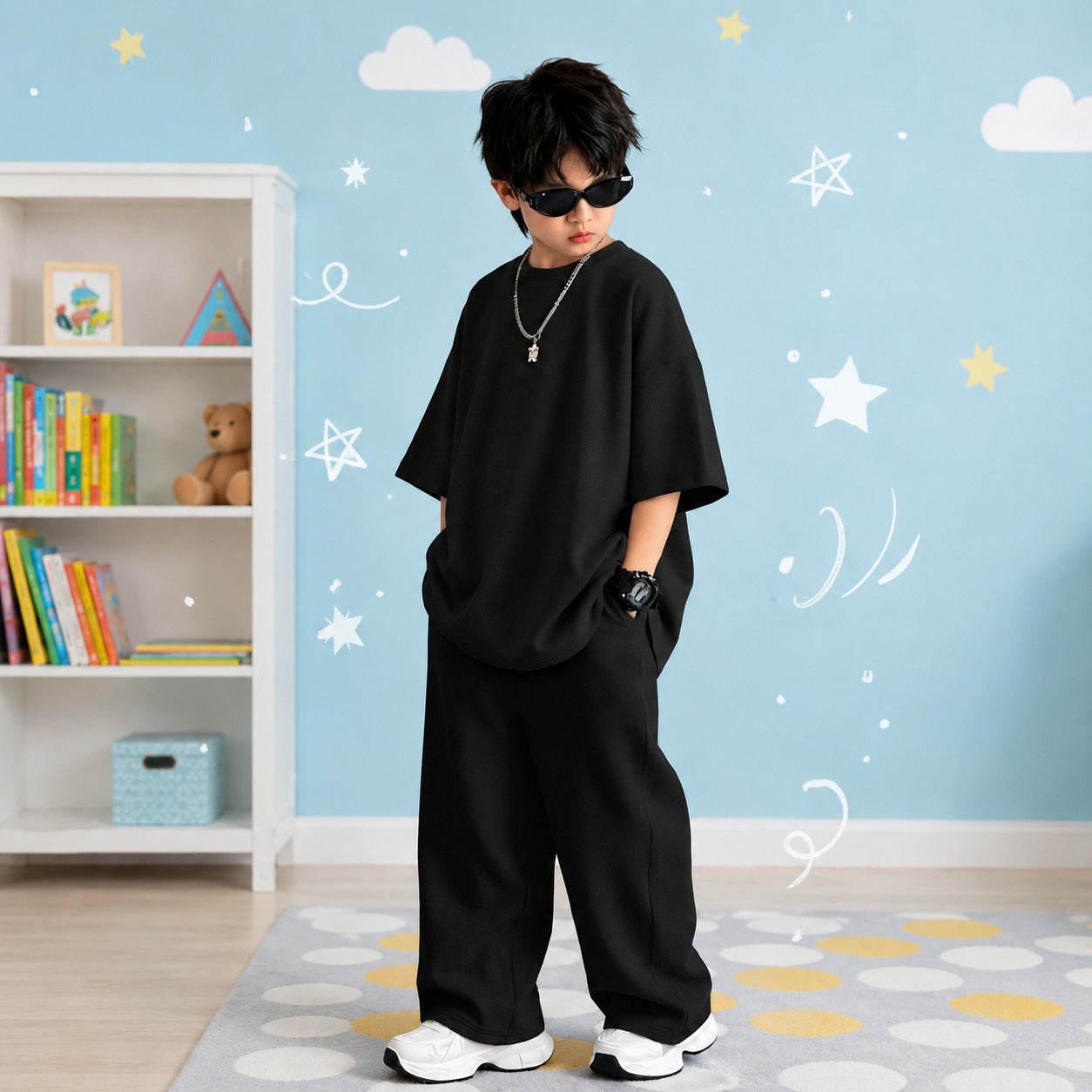 Premium Kids’ Oversized Streetwear Co-ord Set – All-Black Urban Drop-Shoulder Tee & Wide-Leg Trouser Set