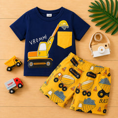 Navy blue excavator print & yellow Short Set