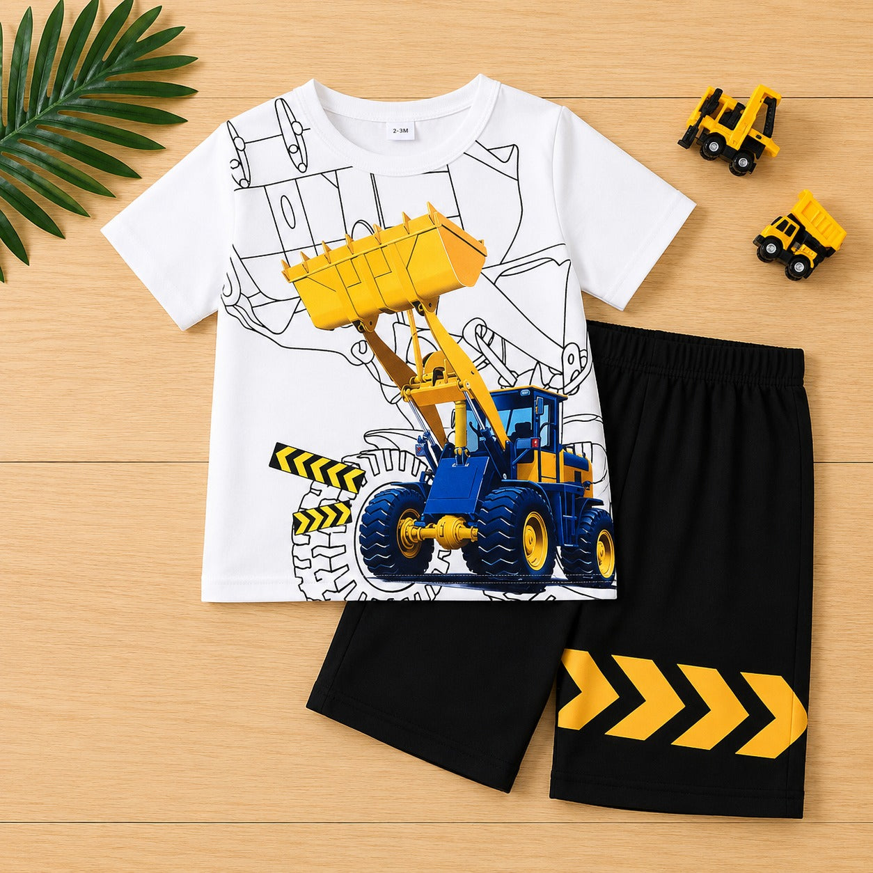 Boys Construction Truck T-Shirt & Shorts Set – White & Black