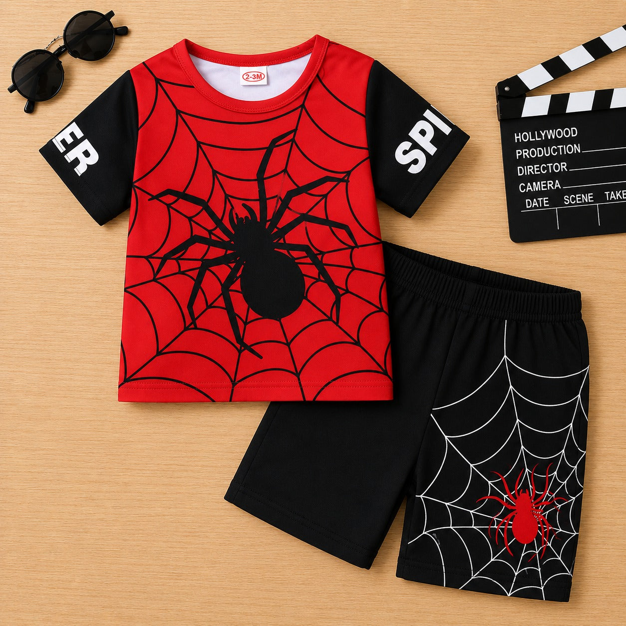 Red & Black Spider Man Print Short Set