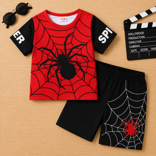 Red & Black Spider Man Print Short Set