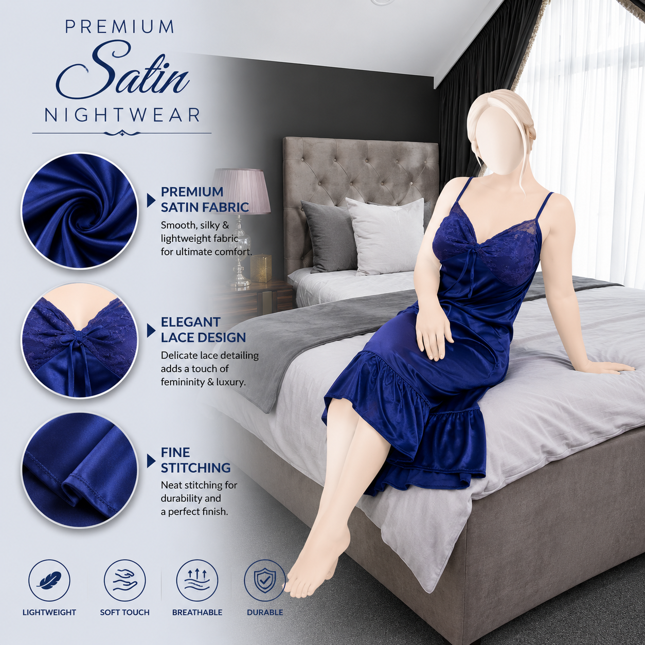 Women's Satin Lace Imported 1Pcs Nighty | Two Hearts Nightwear | Elegant Sleepwear & Lingerie