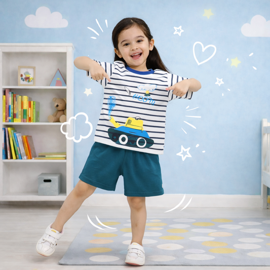 203- Green White Tank  Print Kids Short