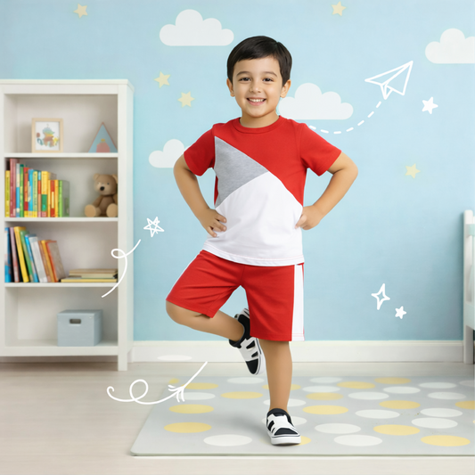 RED PANEL T-SHIRT SHORTS SET