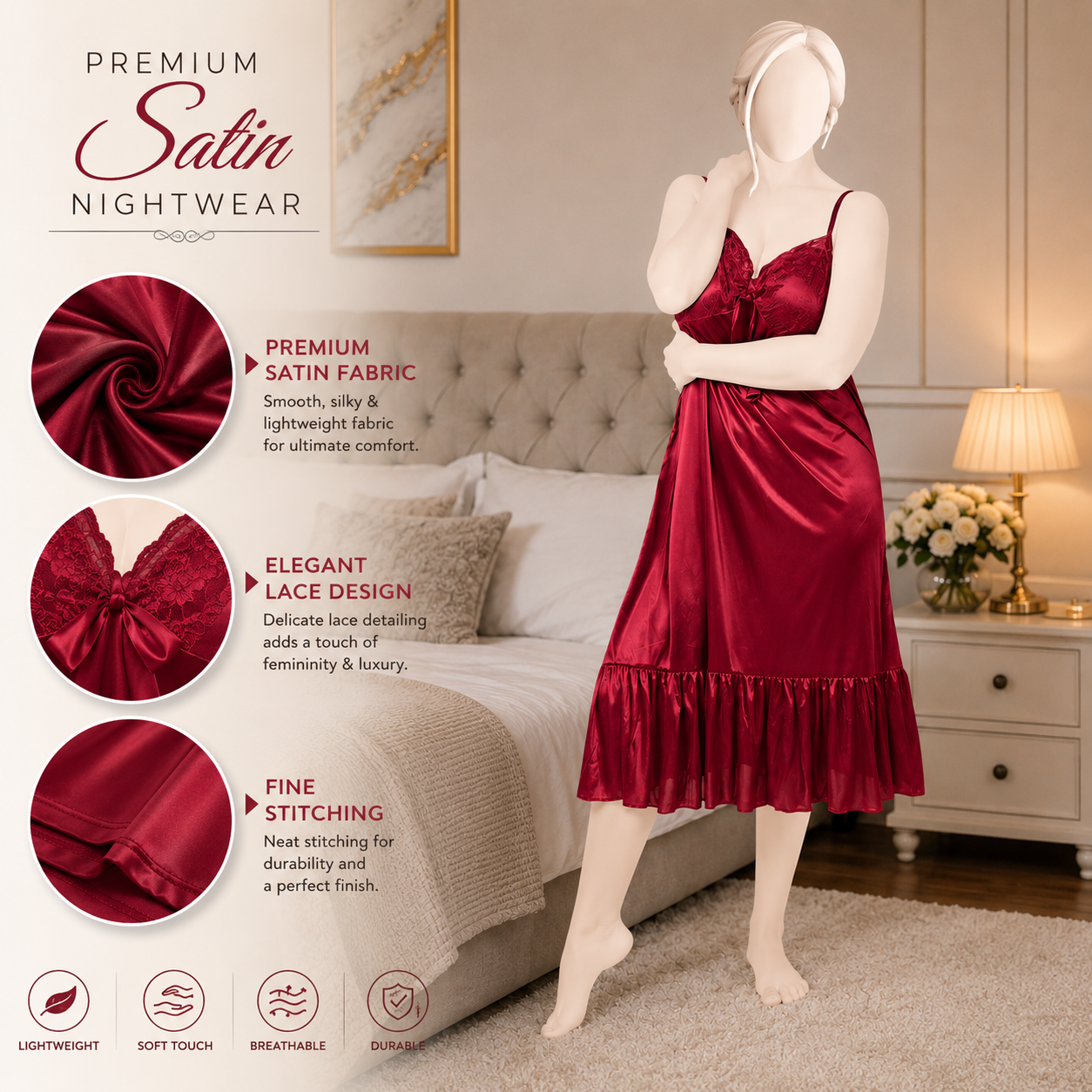 Women's Satin Lace Imported 1Pcs Nighty | Two Hearts Nightwear | Elegant Sleepwear & Lingerie