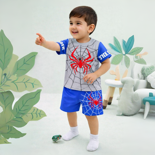 Kids Spider Print Summer Outfit – T-Shirt & Shorts Set (2PCS)