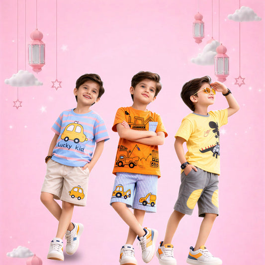 Boys Cartoon Printed Summer Co-Ord Set (Vehicle Theme Collection)
