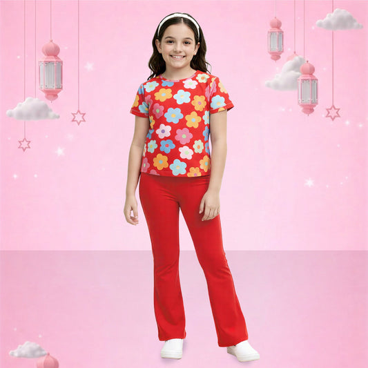 Red Bloom Girls Co-Ord Set
