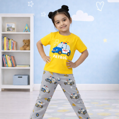 Yellow Car Printed Kids Short Sleeve Kids Wear