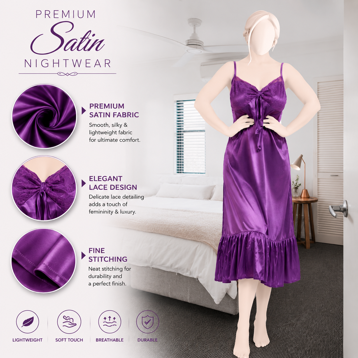 Women's Satin Lace Imported 1Pcs Nighty | Two Hearts Nightwear | Elegant Sleepwear & Lingerie